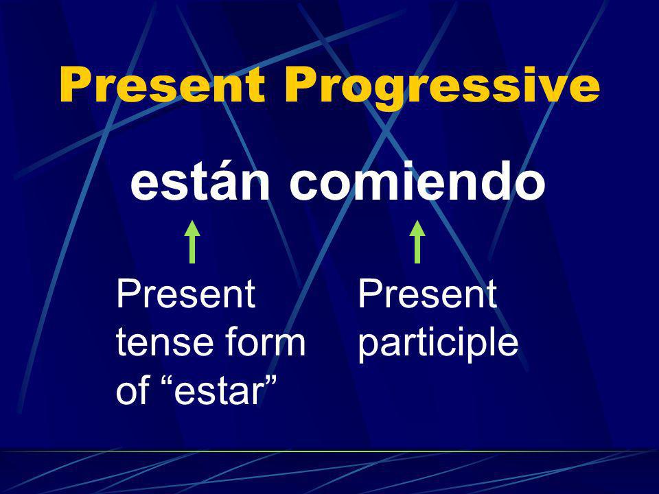Present Progressive están comiendo Present tense form of estar