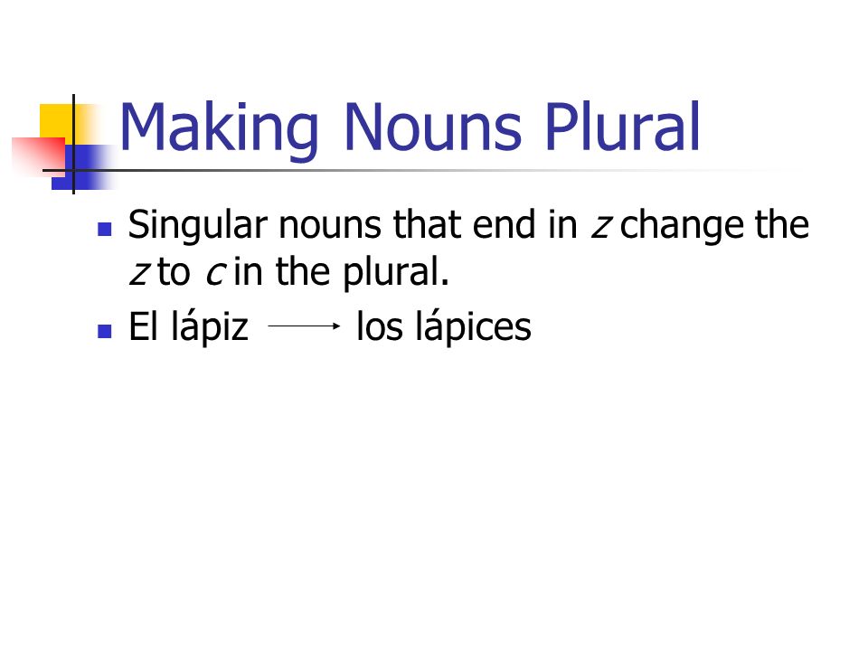 Making Nouns Plural Singular nouns that end in z change the z to c in the plural.