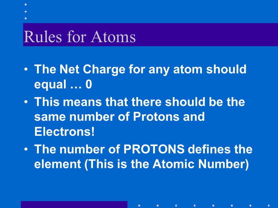 Rules for Atoms The Net Charge for any atom should equal … 0