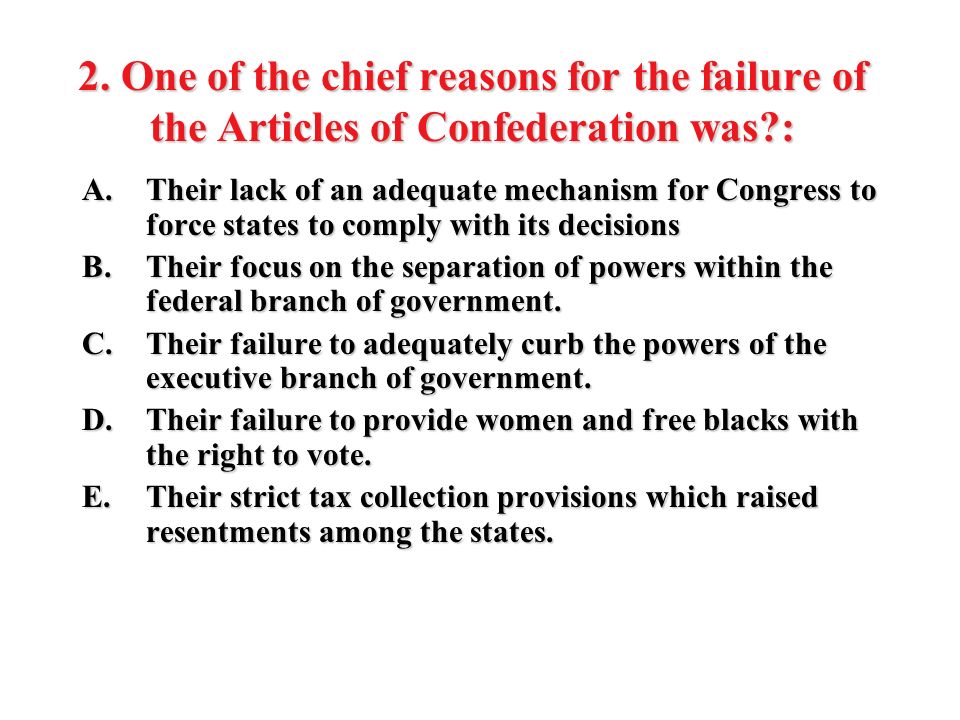 reasons why the articles of confederation failed