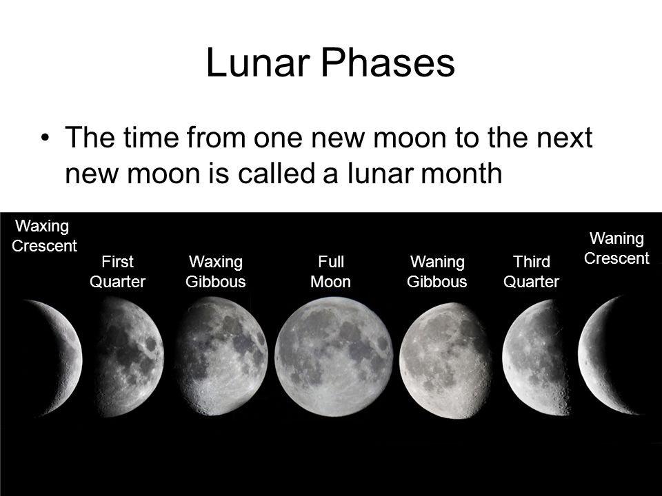 Lunar Phases The time from one new moon to the next new moon is called a lu...