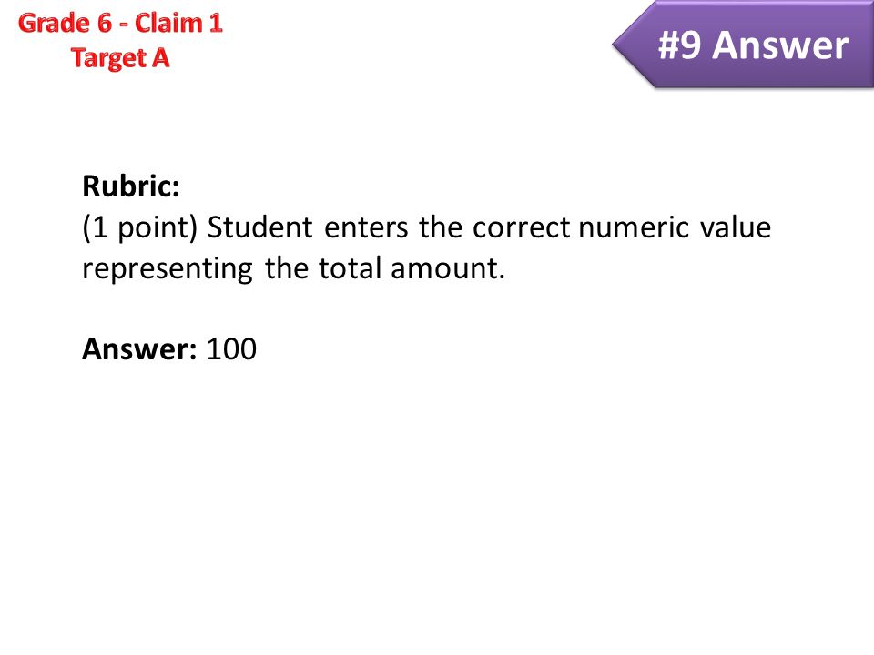 #9 Answer Rubric: (1 point) Student enters the correct numeric value representing the total amount.