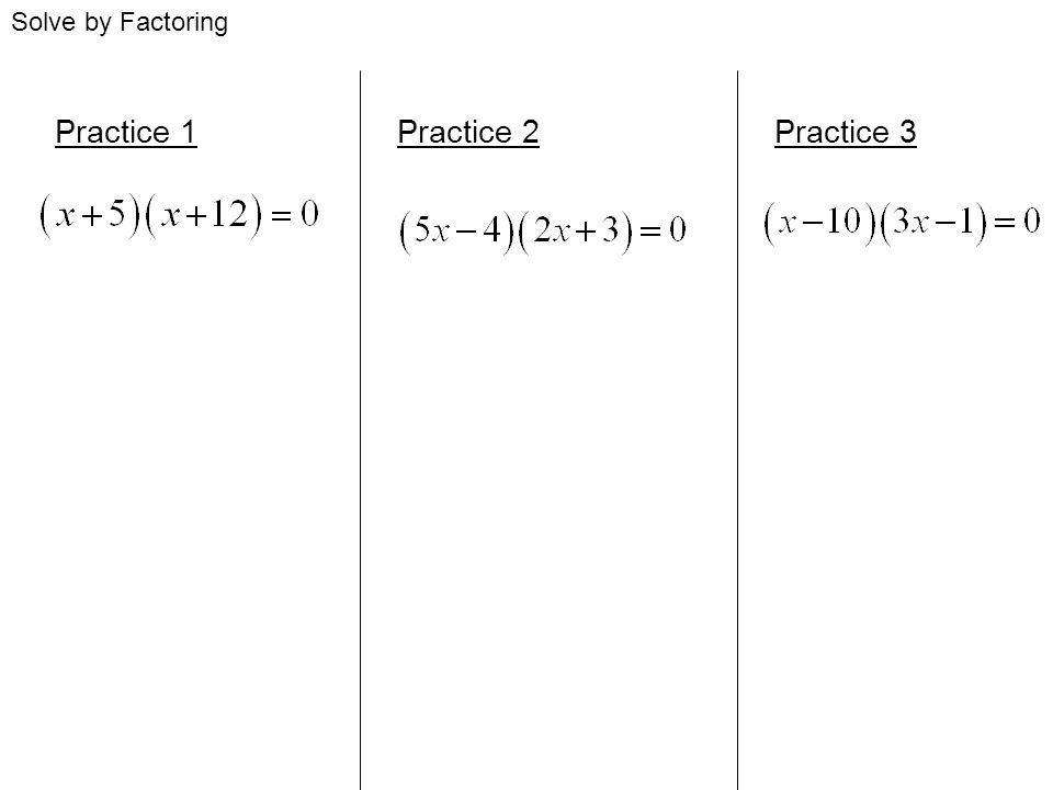 Solve by Factoring Practice 1 Practice 2 Practice 3
