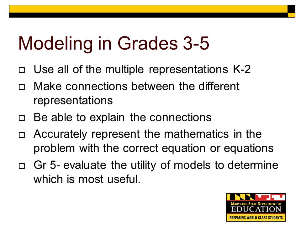 Modeling in Grades 3-5 Use all of the multiple representations K-2