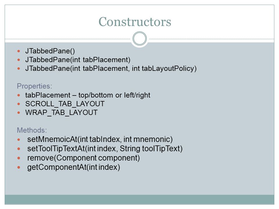 Constructors setToolTipTextAt(int index, String toolTipText)