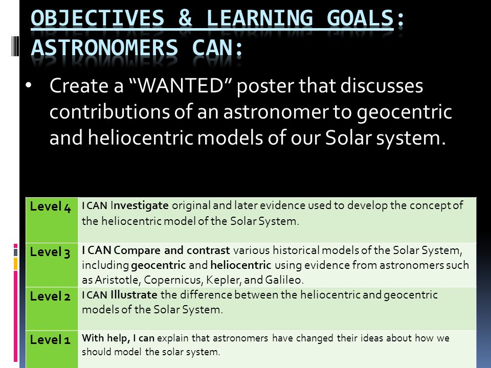 Objectives & Learning Goals: Astronomers CAN: