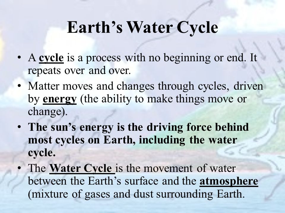 Earth’s Water Cycle A cycle is a process with no beginning or end. It repeats over and over.