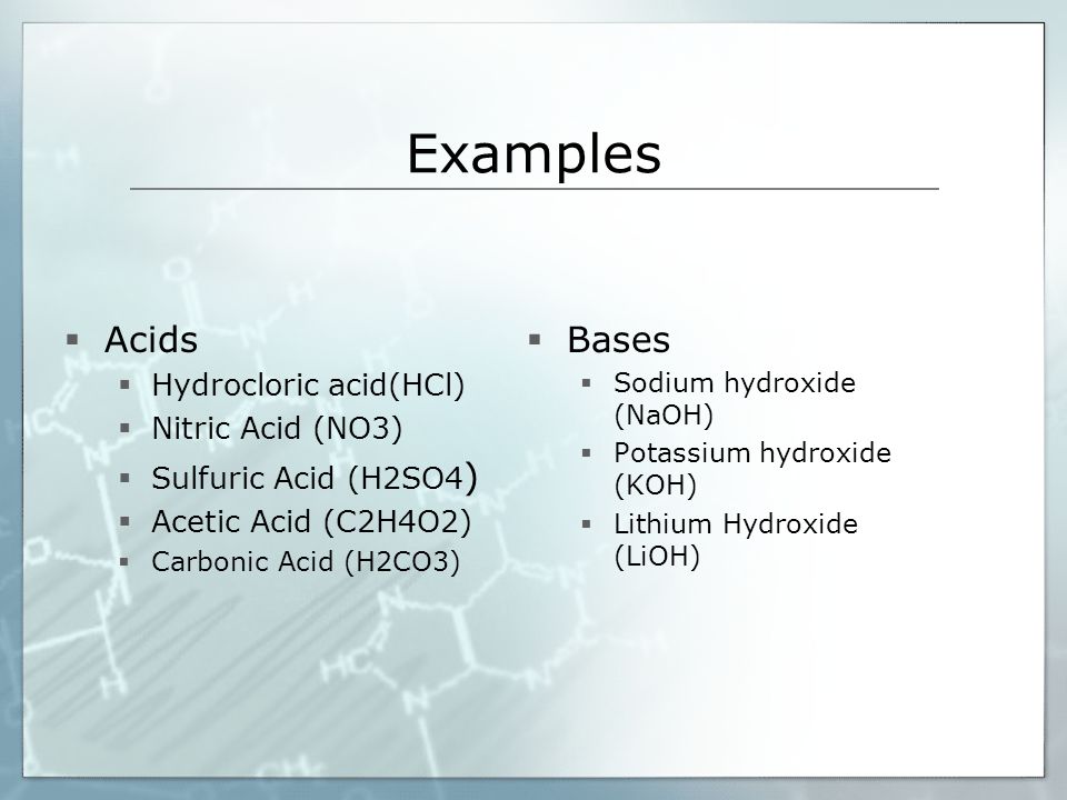 Examples Acids Bases Hydrocloric acid(HCl) Nitric Acid (NO3)