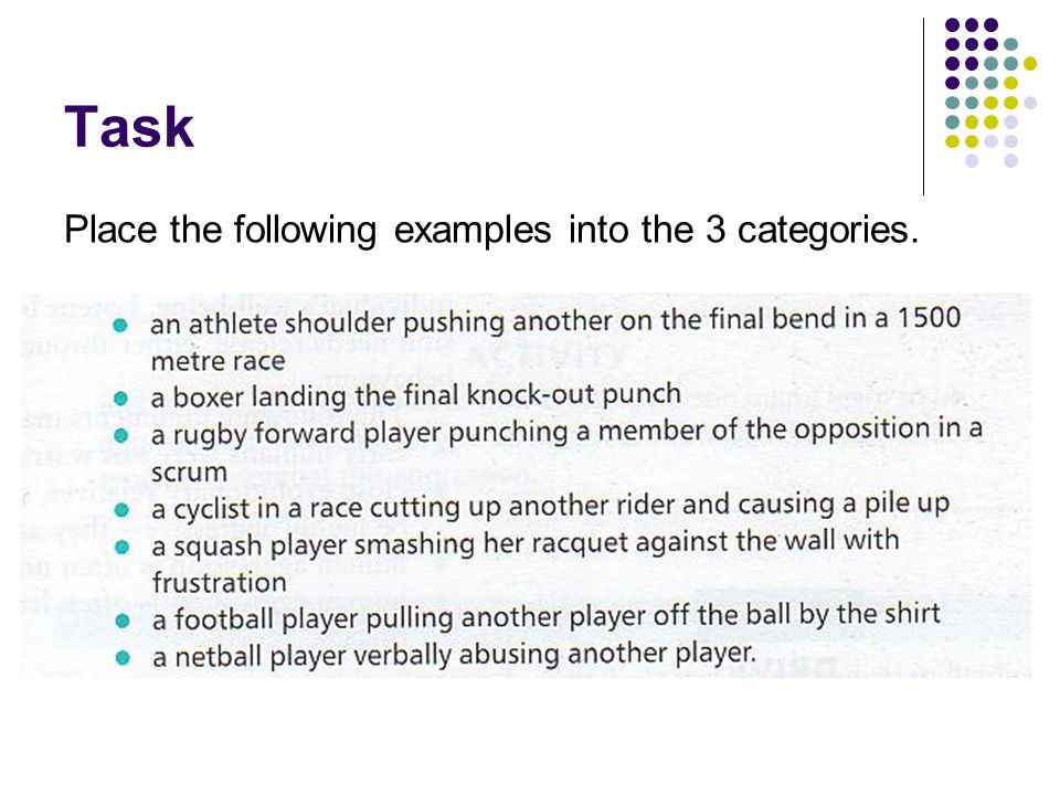 Task Place the following examples into the 3 categories.