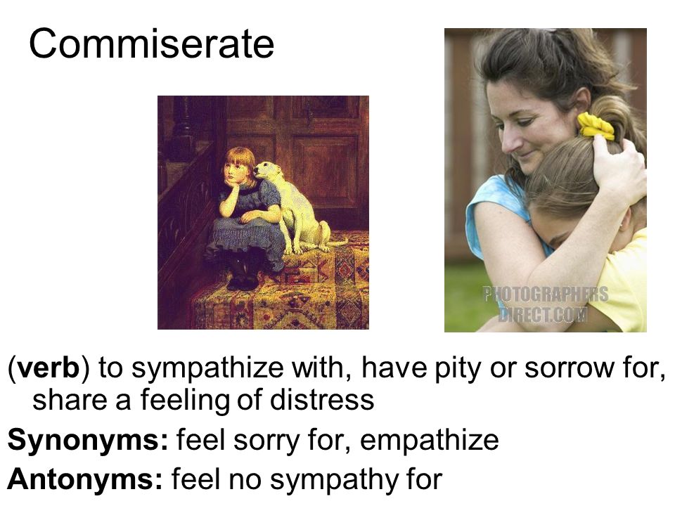 Commiserate (verb) to sympathize with, have pity or sorrow for, share a feeling of distress. Synonyms: feel sorry for, empathize.