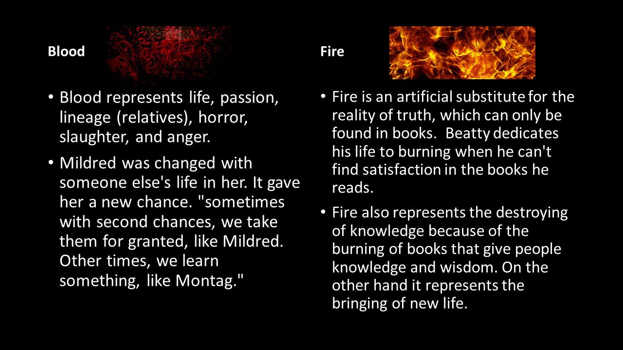 Blood Fire. Blood represents life, passion, lineage (relatives), horror, slaughter, and anger.
