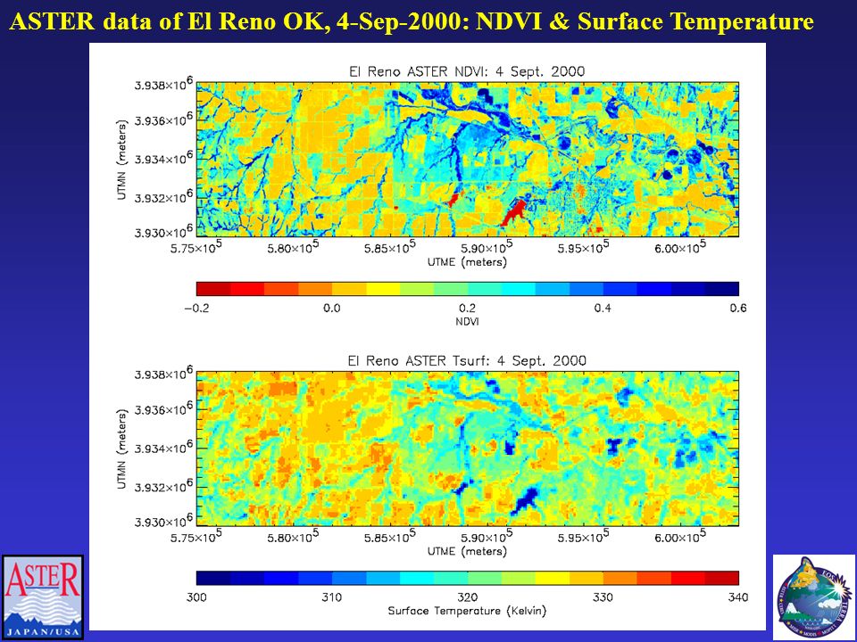 ASTER data of El Reno OK, 4-Sep-2000: NDVI & Surface Temperature