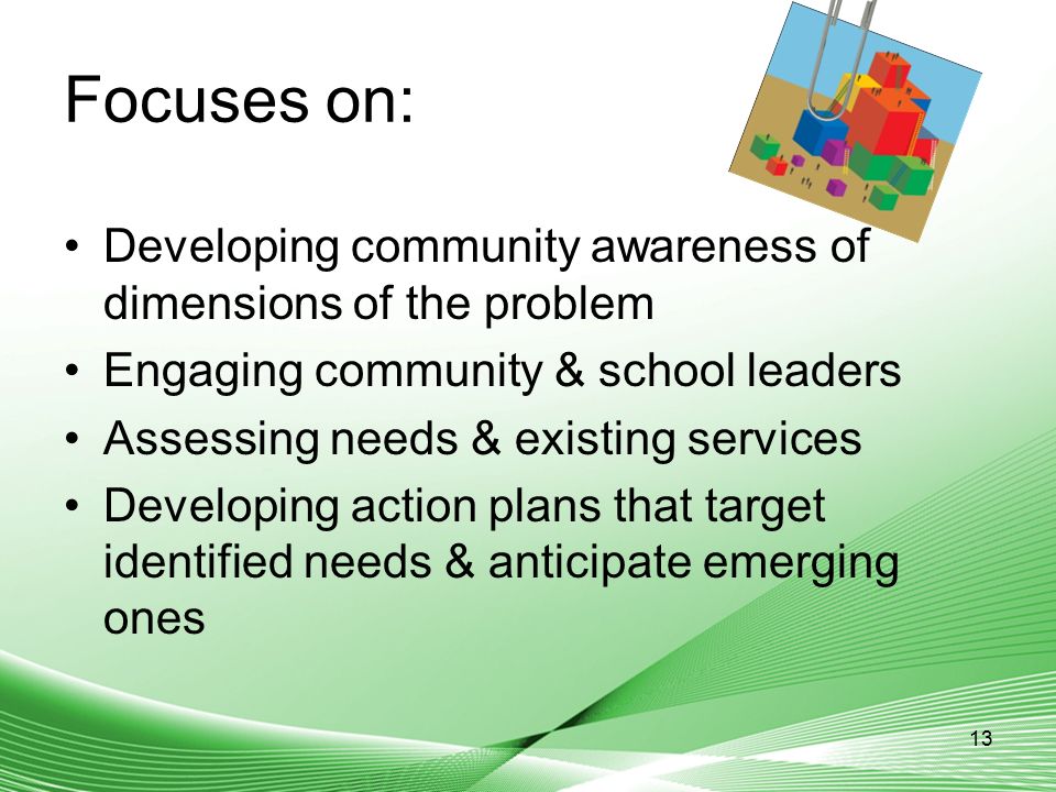 Focuses on: Developing community awareness of dimensions of the problem. Engaging community & school leaders.