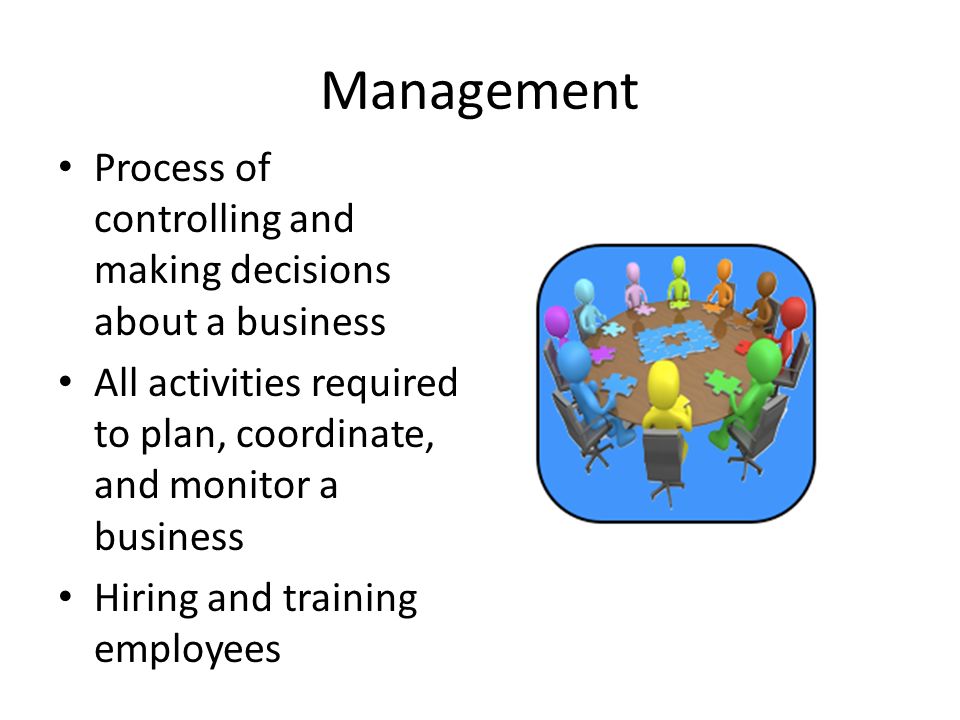 Management Process of controlling and making decisions about a business. All activities required to plan, coordinate, and monitor a business.