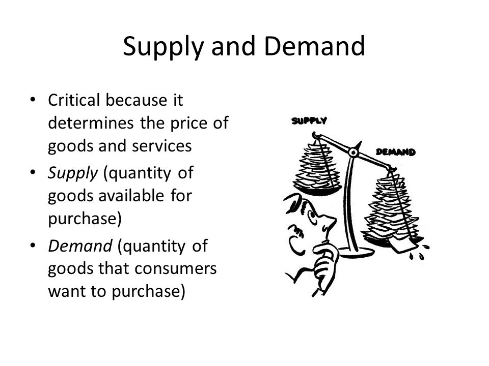 Supply and Demand Critical because it determines the price of goods and services. Supply (quantity of goods available for purchase)