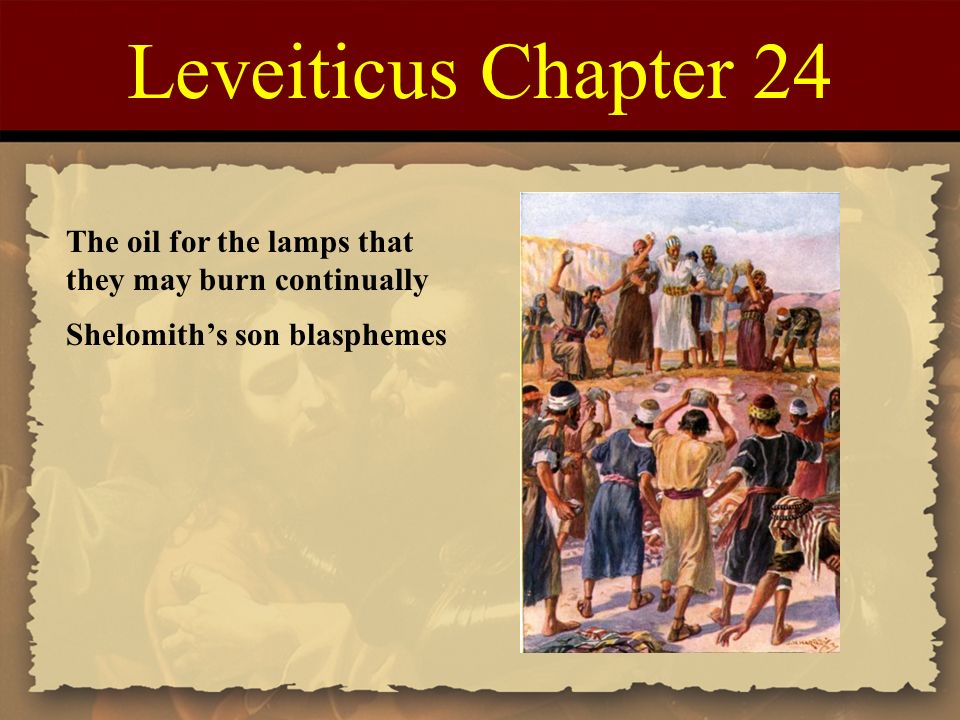 Leveiticus Chapter 24 The oil for the lamps that they may burn continually. Shelomith’s son blasphemes.