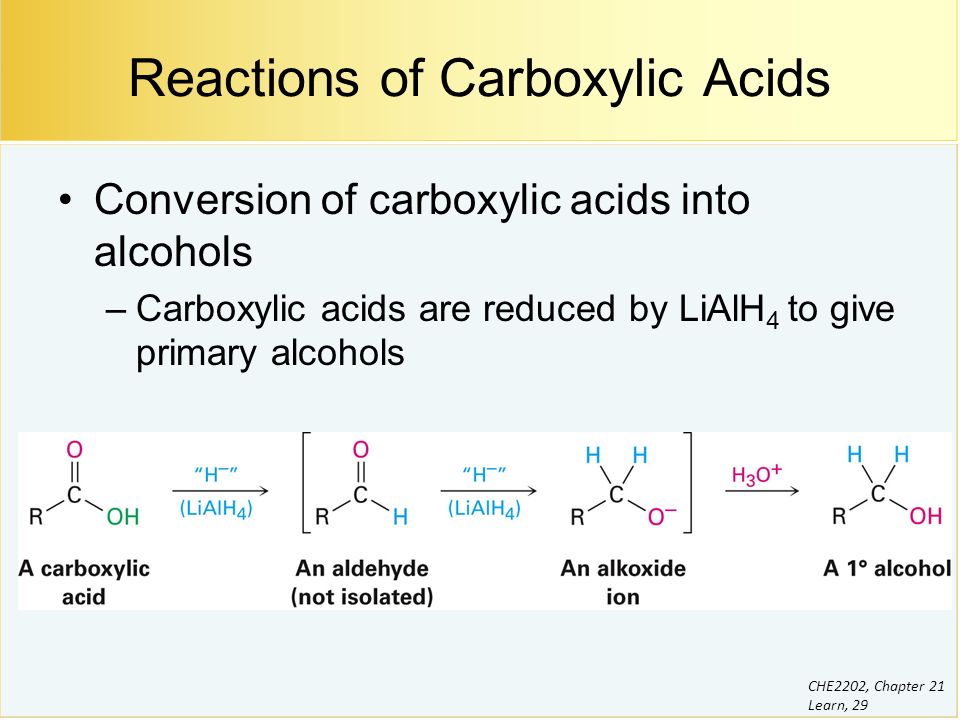 Their derivatives. Hydroxynitrile to carboxylic acid. Primary alcohol. Reactivity of carboxylic acids.