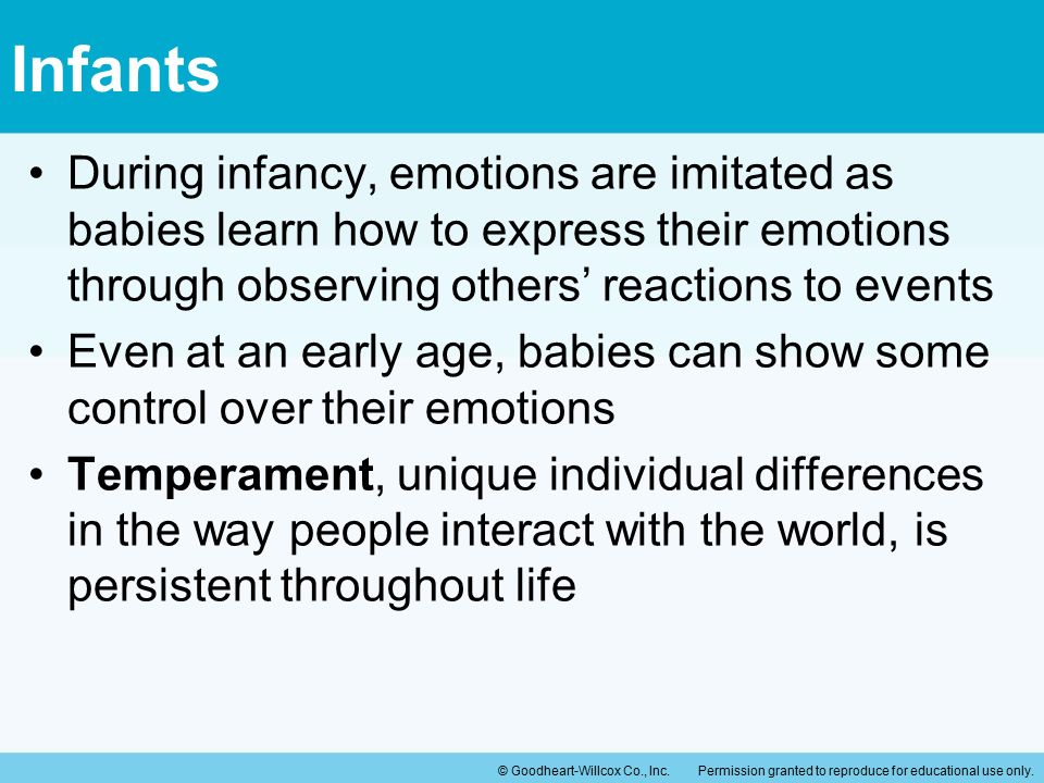 Infants During infancy, emotions are imitated as babies learn how to express their emotions through observing others’ reactions to events.