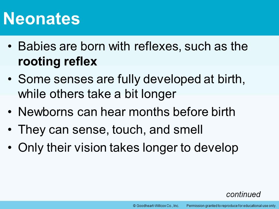 Neonates Babies are born with reflexes, such as the rooting reflex