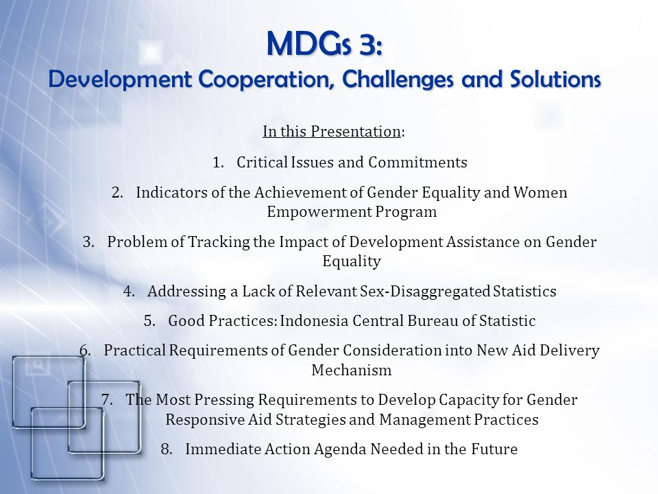 MDGs 3: Development Cooperation, Challenges and Solutions