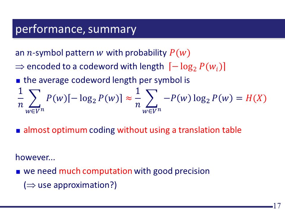 performance, summary an 𝑛-symbol pattern 𝑤 with probability 𝑃(𝑤)