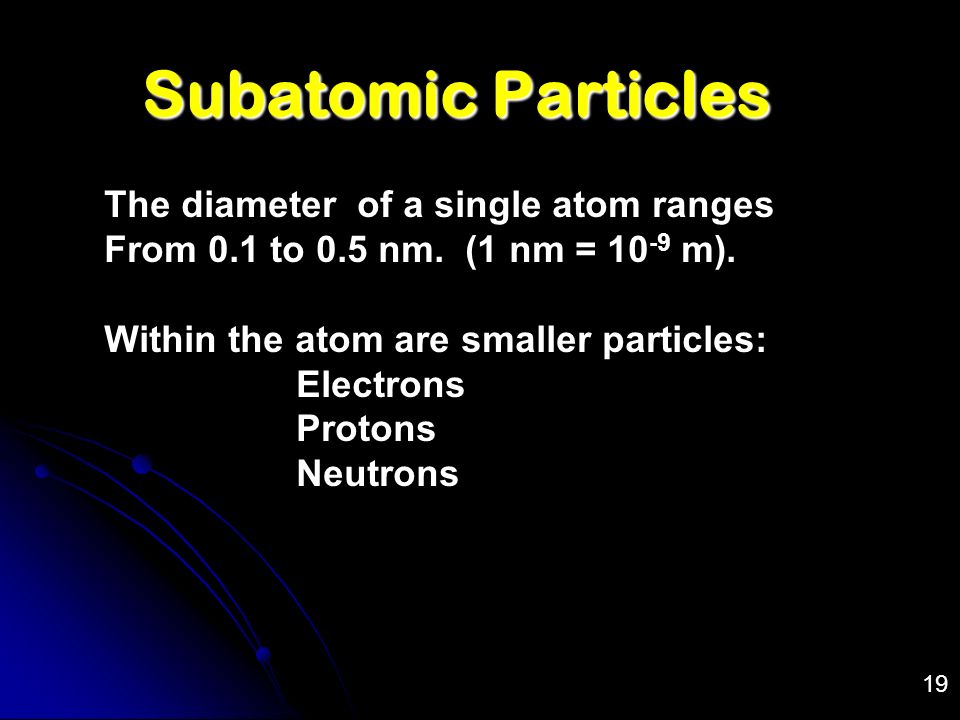 Subatomic Particles The diameter of a single atom ranges