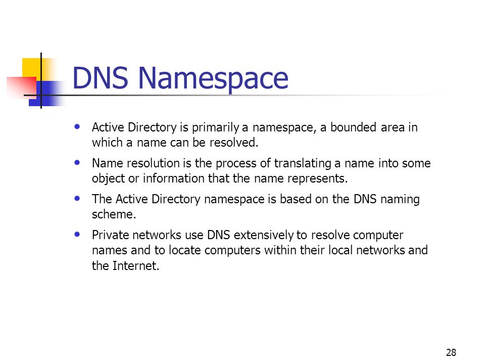 DNS Namespace Active Directory is primarily a namespace, a bounded area in which a name can be resolved.
