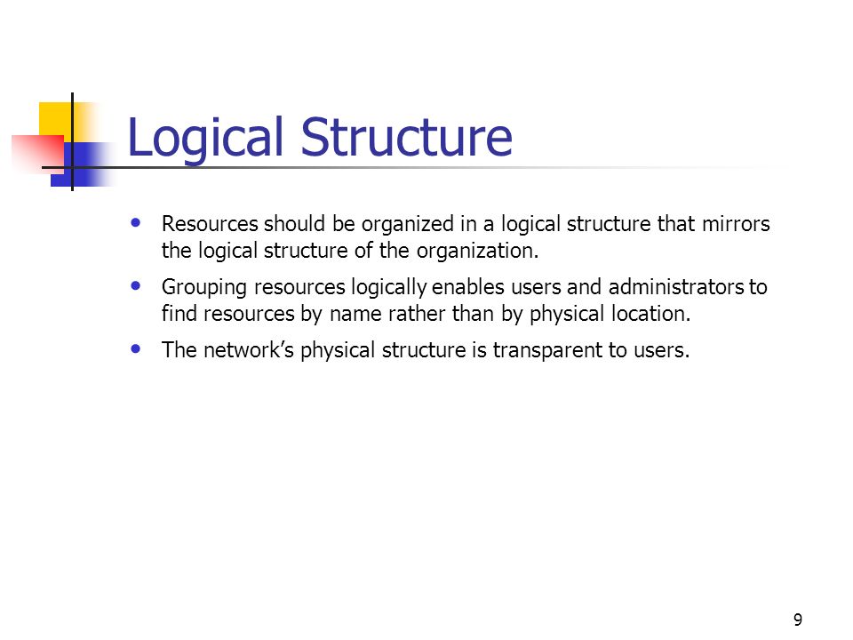 Logical Structure Resources should be organized in a logical structure that mirrors the logical structure of the organization.