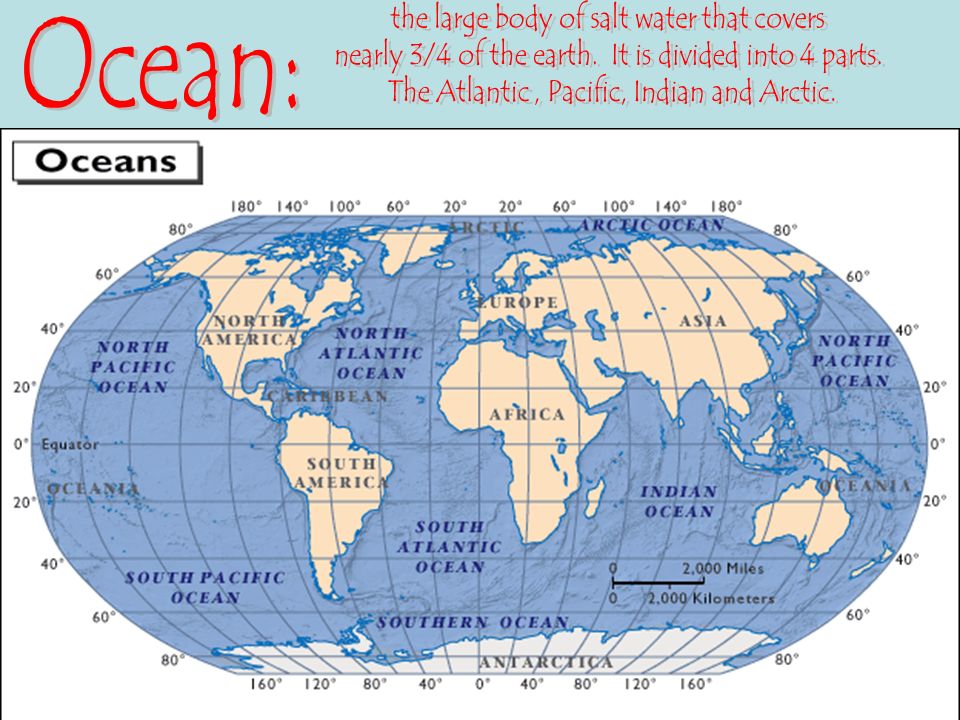 Ocean: the large body of salt water that covers
