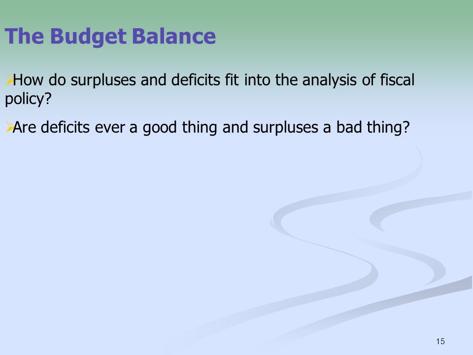The Budget Balance How do surpluses and deficits fit into the analysis of fiscal policy.