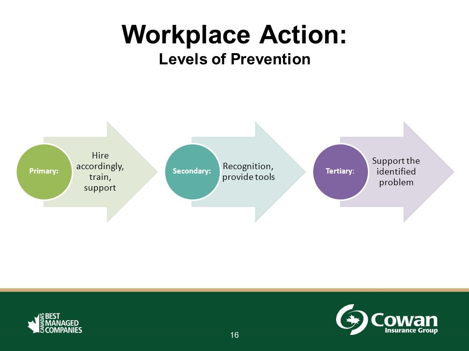 Workplace Action: Levels of Prevention Primary:
