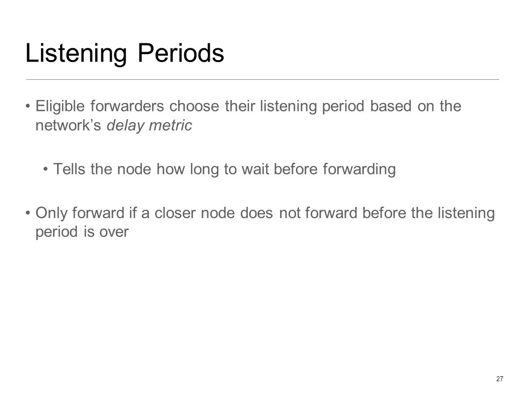 Listening Periods Eligible forwarders choose their listening period based on the network’s delay metric.