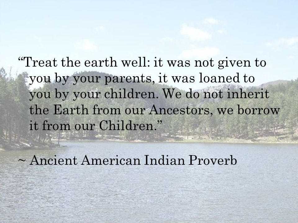 Treat the earth well: it was not given to you by your parents, it was loaned to you by your children. We do not inherit the Earth from our Ancestors, we borrow it from our Children.