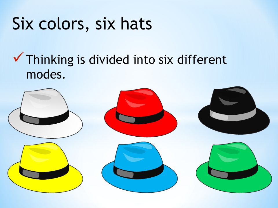 Перевести шляпа. Теория шести шляп Эдварда де Боно. Цветные шляпы мышления. Шесть шляп мышления дети. Метод 6 шляп мышления.