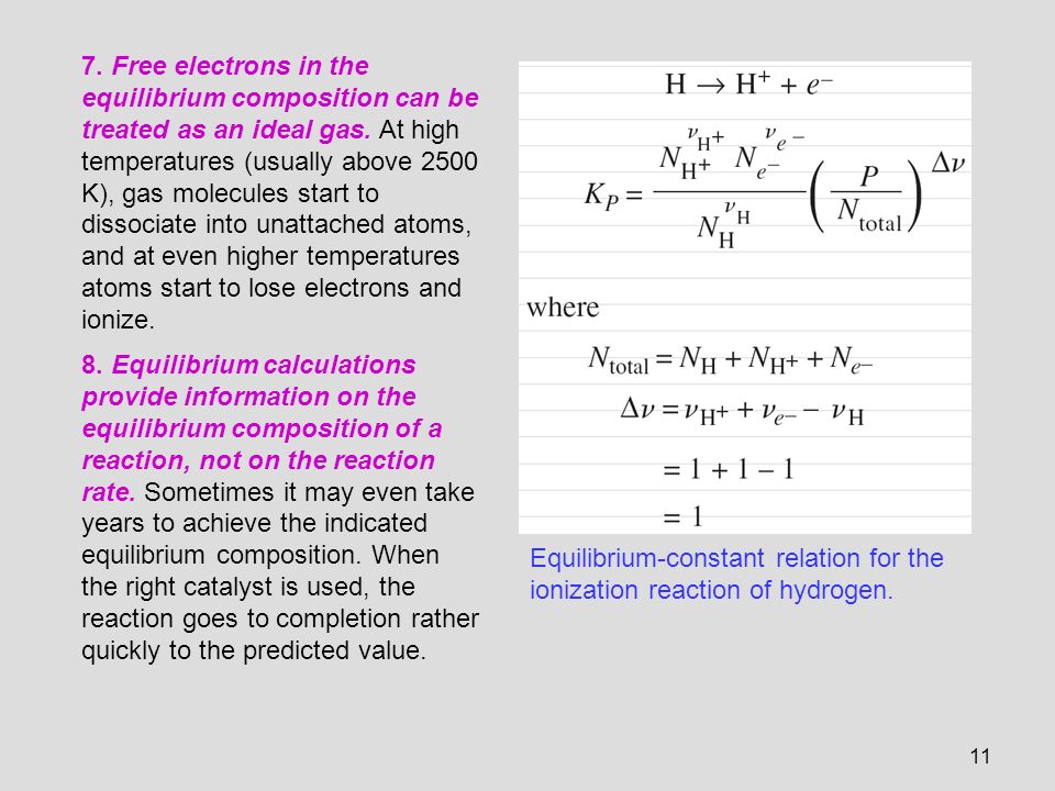 7. Free electrons in the equilibrium composition can be treated as an ideal gas. At high temperatures (usually above 2500 K), gas molecules start to dissociate into unattached atoms, and at even higher temperatures atoms start to lose electrons and ionize.