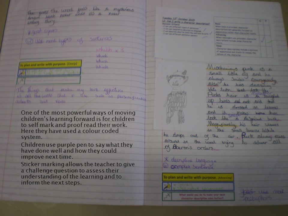 One of the most powerful ways of moving children’s learning forward is for children to self mark and proof read their work. Here they have used a colour coded system.