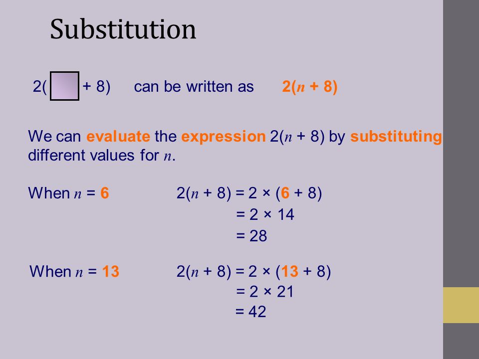 Substitution 2( + 8) can be written as 2(n + 8)