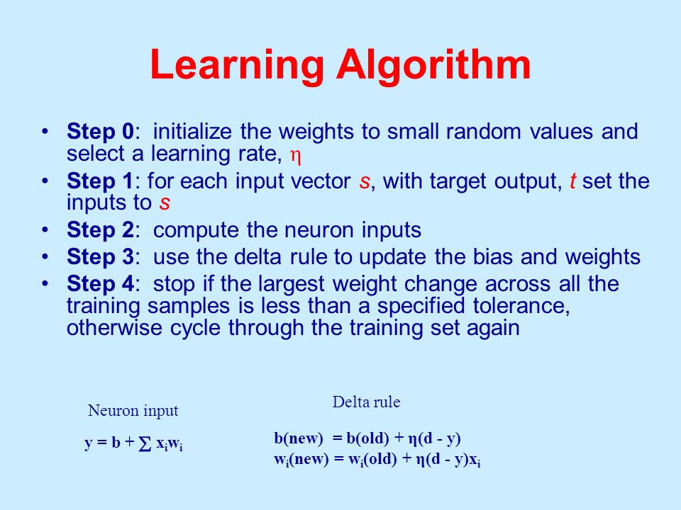 Learning Algorithm Step 0: initialize the weights to small random values and select a learning rate, η.