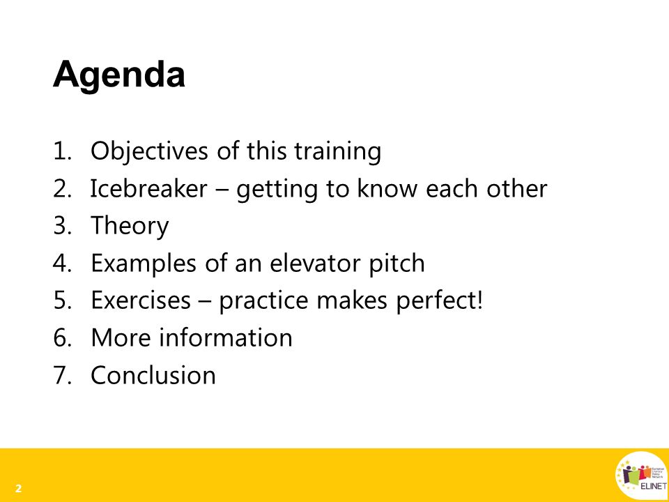 Agenda Objectives of this training