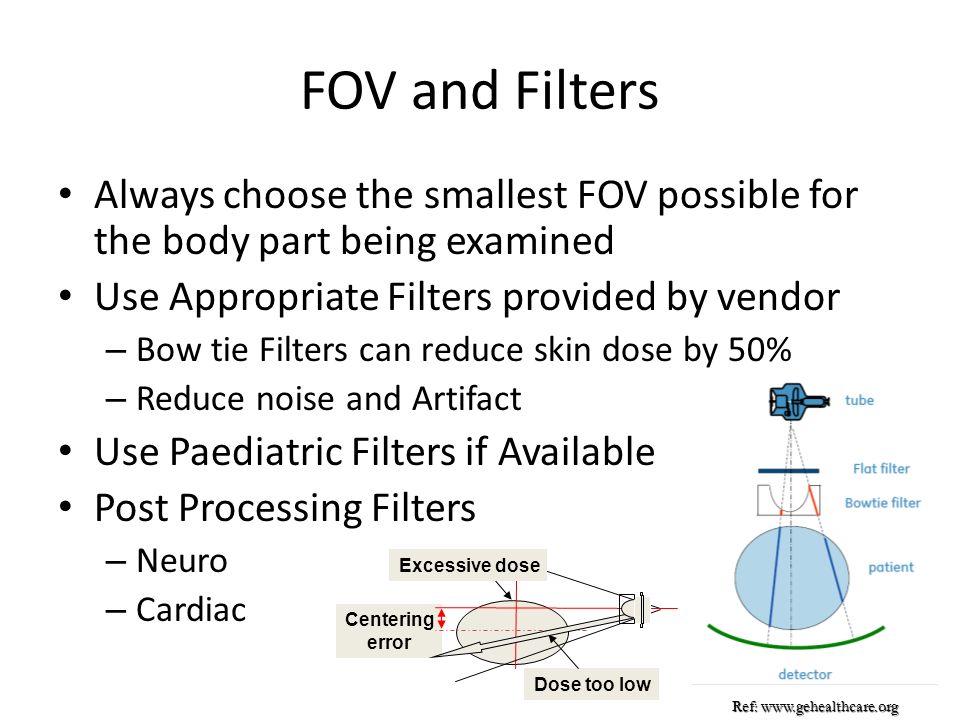 FOV and Filters Always choose the smallest FOV possible for the body part being examined. Use Appropriate Filters provided by vendor.