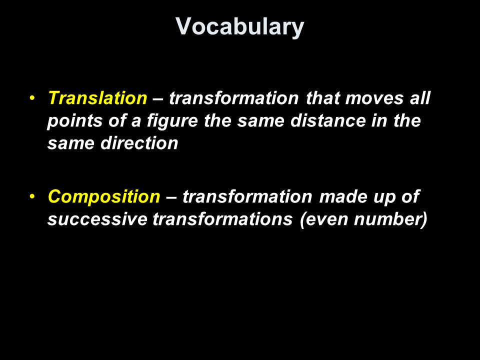 Vocabulary Translation – transformation that moves all points of a figure the same distance in the same direction.