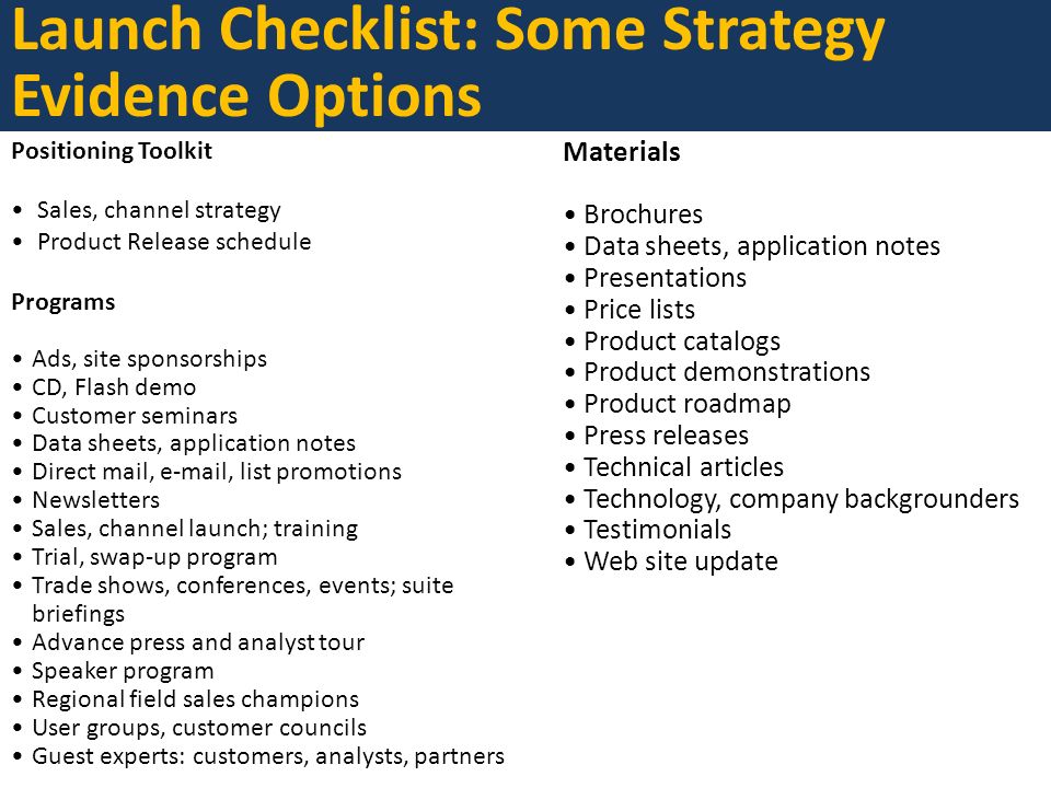 Launch Checklist: Some Strategy Evidence Options