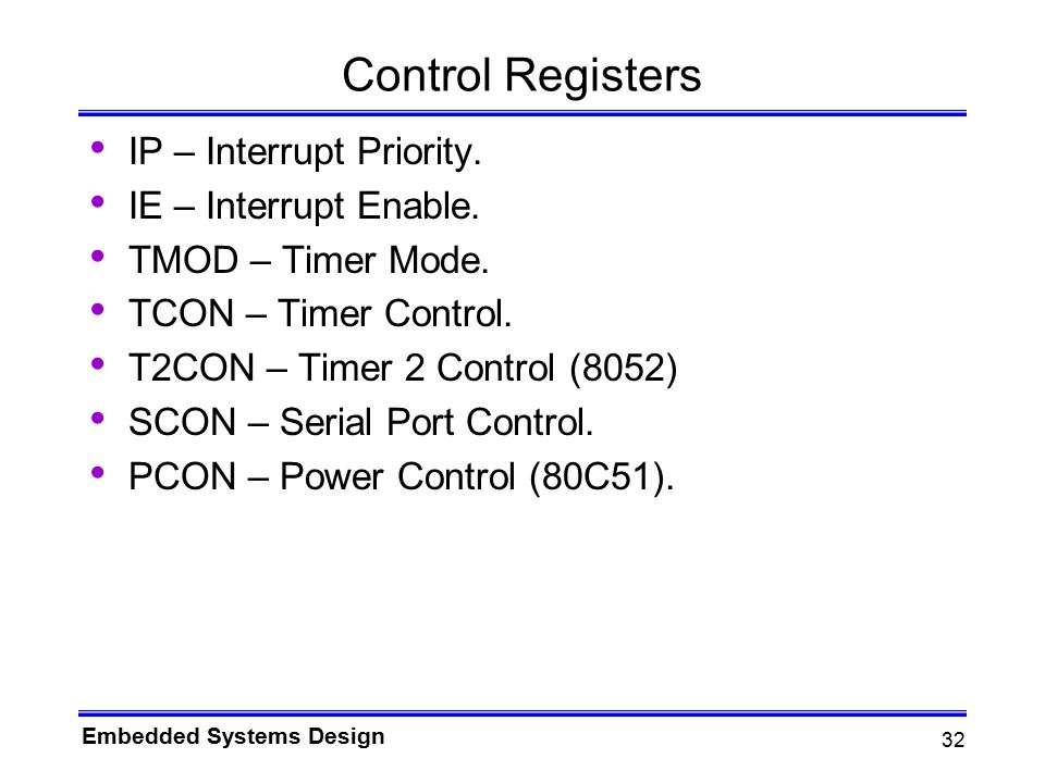 Control Registers IP – Interrupt Priority. IE – Interrupt Enable.