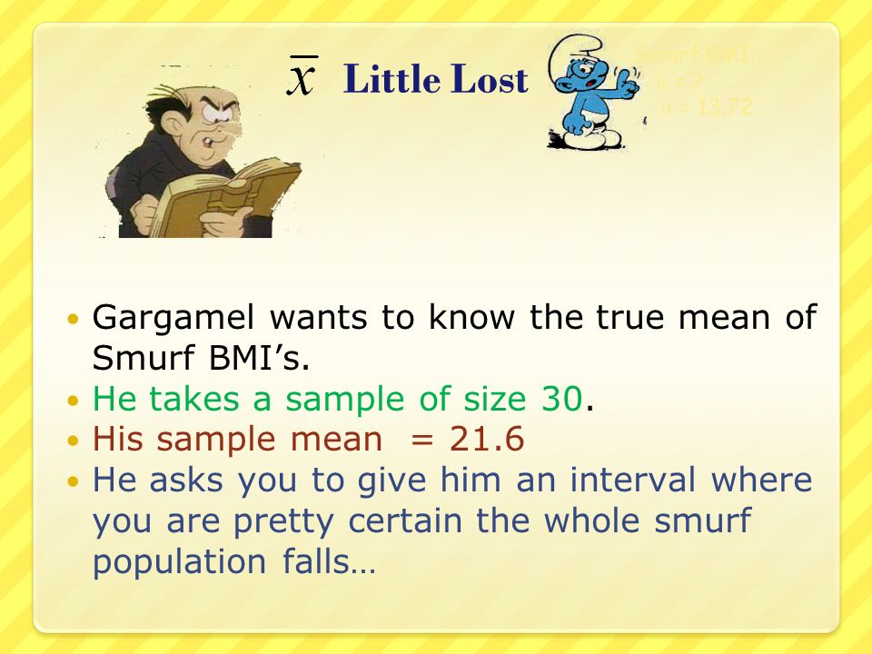 Little Lost Gargamel wants to know the true mean of Smurf BMI’s.