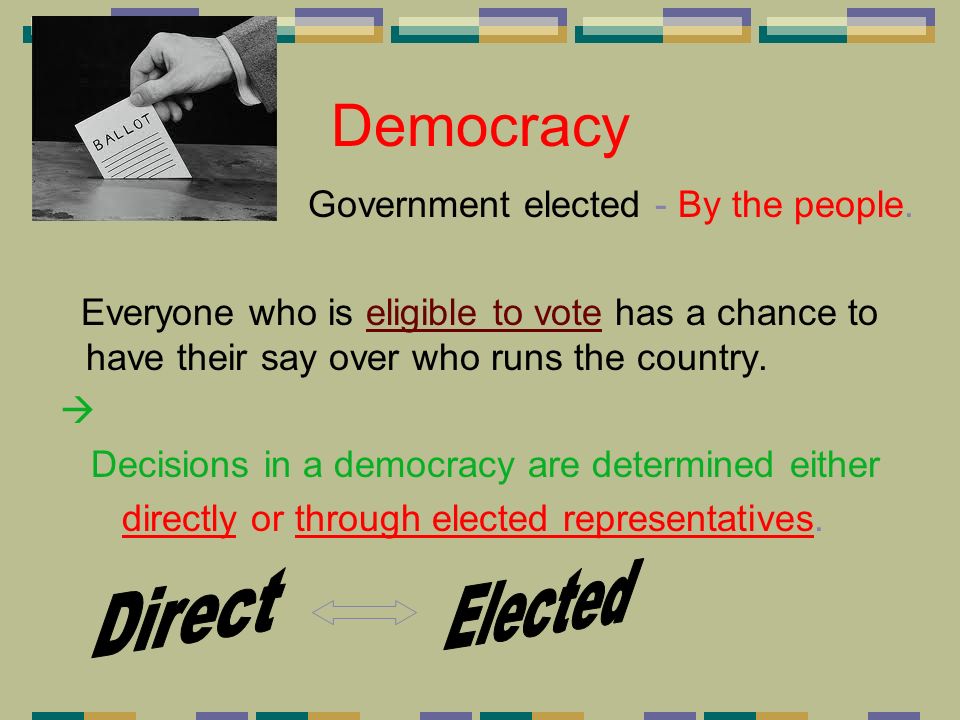 Democracy Elected Direct Government elected - By the people.
