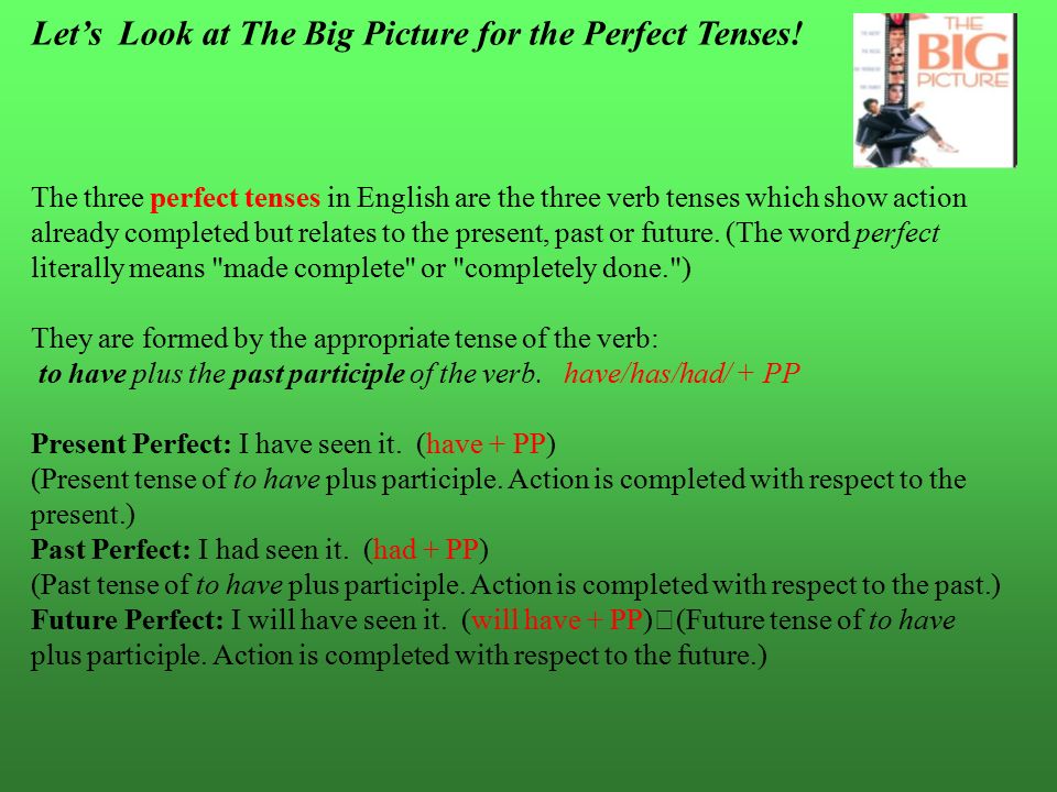 Let’s Look at The Big Picture for the Perfect Tenses!