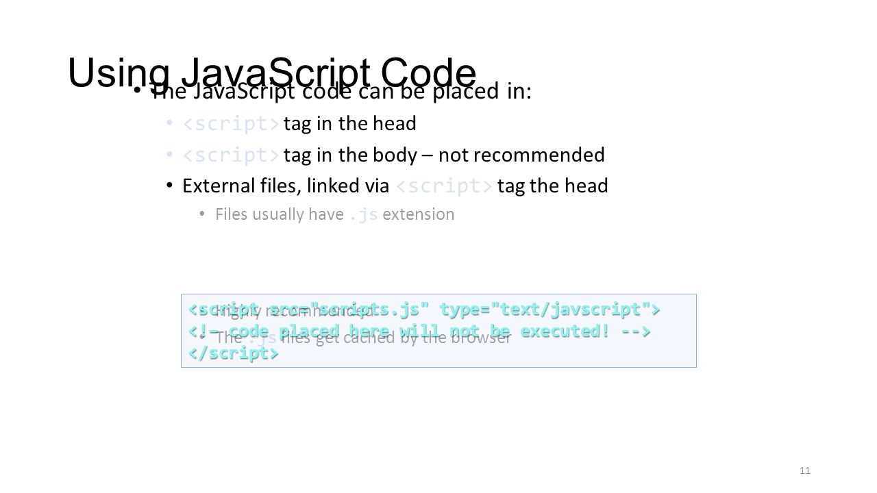 Using JavaScript Code The JavaScript code can be placed in: