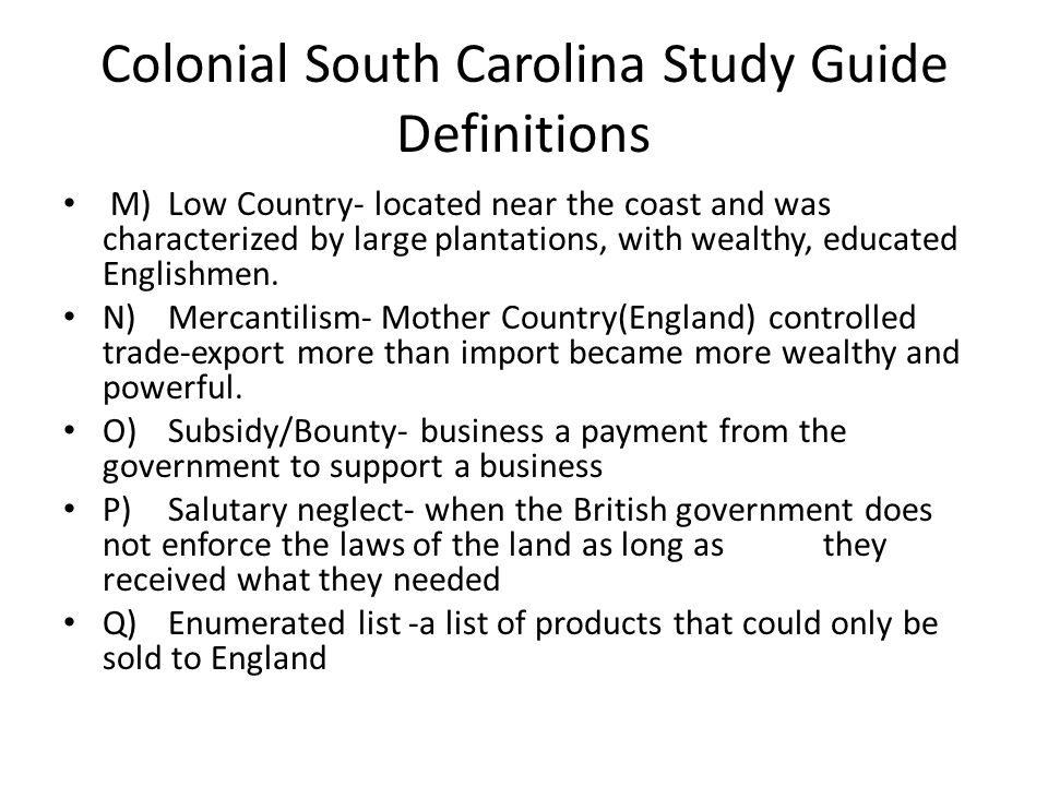 Colonial South Carolina Study Guide Definitions