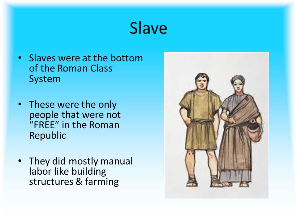 Slave Slaves were at the bottom of the Roman Class System