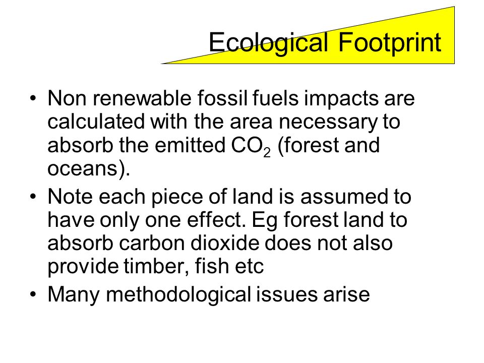 Ecological Footprint Non renewable fossil fuels impacts are calculated with the area necessary to absorb the emitted CO2 (forest and oceans).
